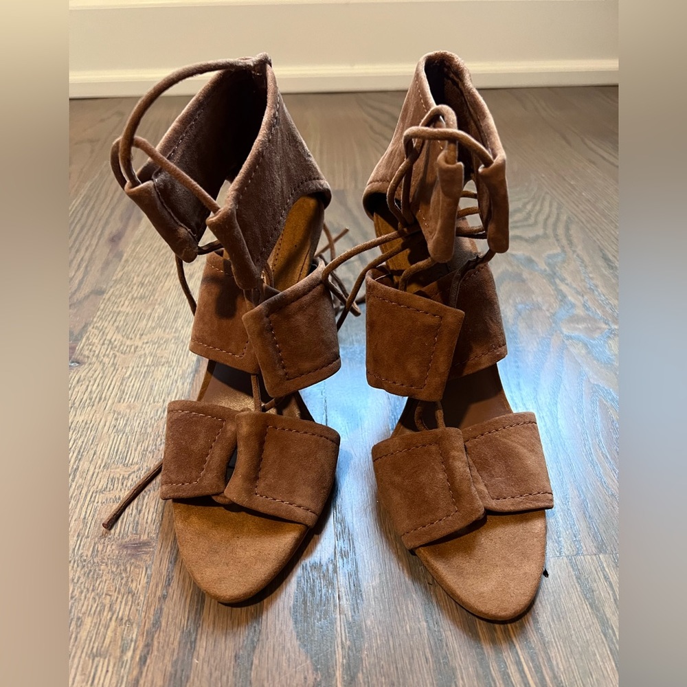 Zara Cognac Lace Up Suede Heels